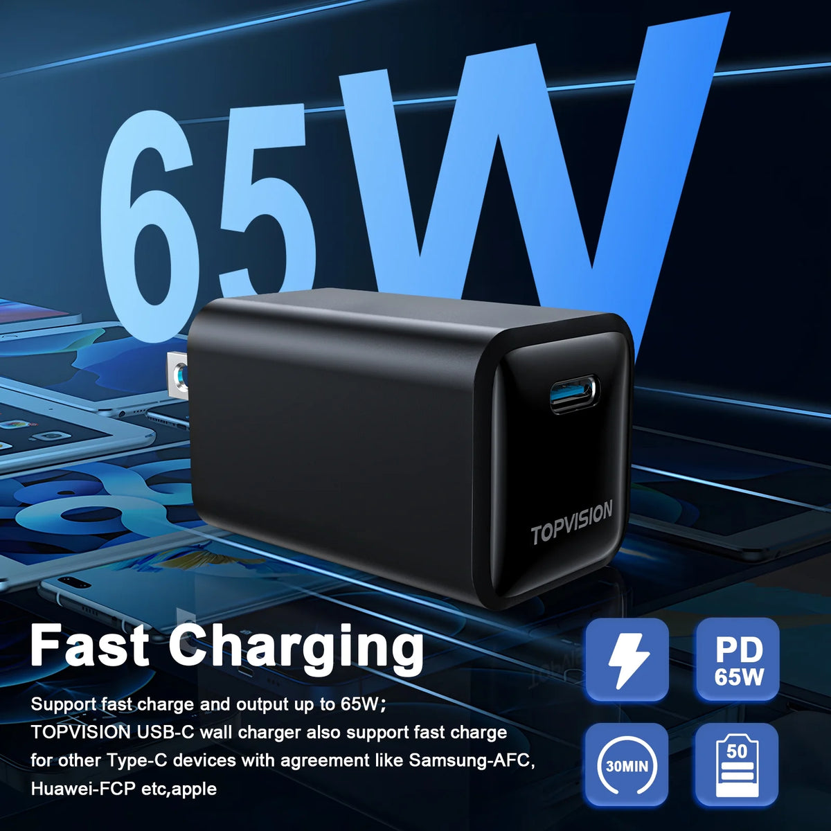 USB-C Charger Block 65W, Fast Charging Wall Charger Adapter for Apple, Android, 1 Pack